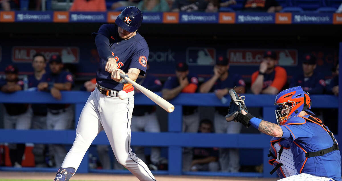 Houston Astros outfielder Kyle Tucker (30) swings at a pitch from New York Mets starting pitcher Jacob deGrom in the first inning during a MLB spring training game at Clover Park on Tuesday, March 22, 2022 in Port St. Lucie.