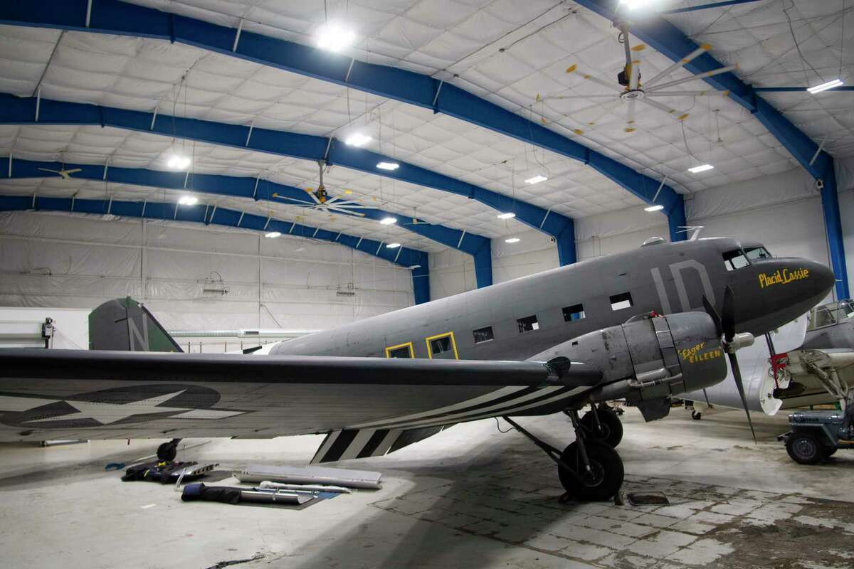 A view of the Placid Lassie, a C-47 that flew in D-Day, is seen at The Hangar at 743 on Tuesday, April 5, 2022, in Albany, N.Y. (Paul Buckowski/Times Union)