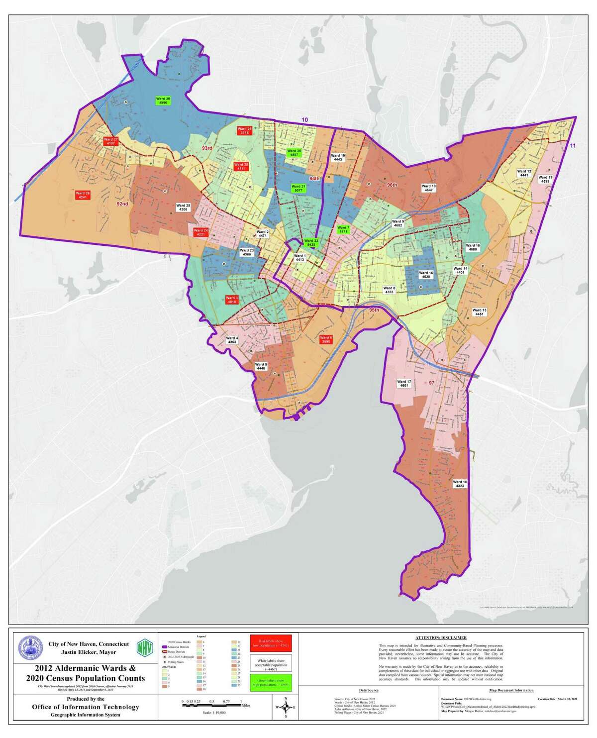 This is the map of the city wards. The red label indicates one that has low population necessitating more streets added to bring it closer to the average population. The white label means that ward's boundary lines will stay the same. The green label means a ward will lose residents as it currently has a high population.