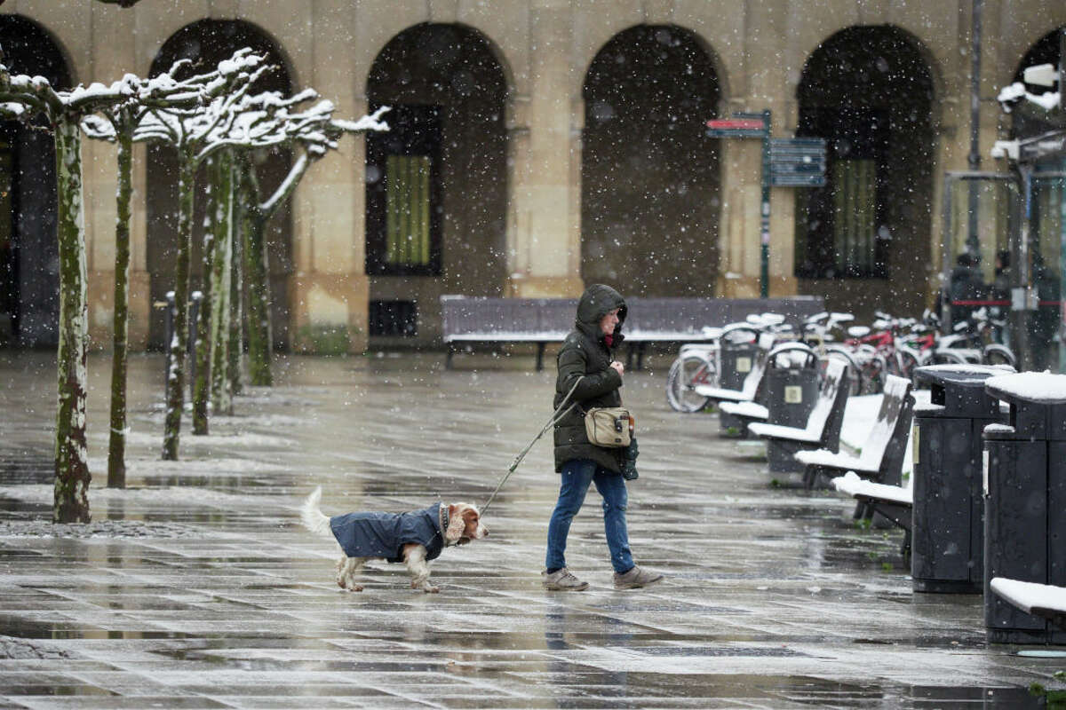 A woman walks with a dog as snow falls on April 1, 2022, in Pamplona, Navarra, Spain. (Photo By Eduardo Sanz/Europa Press via Getty Images)