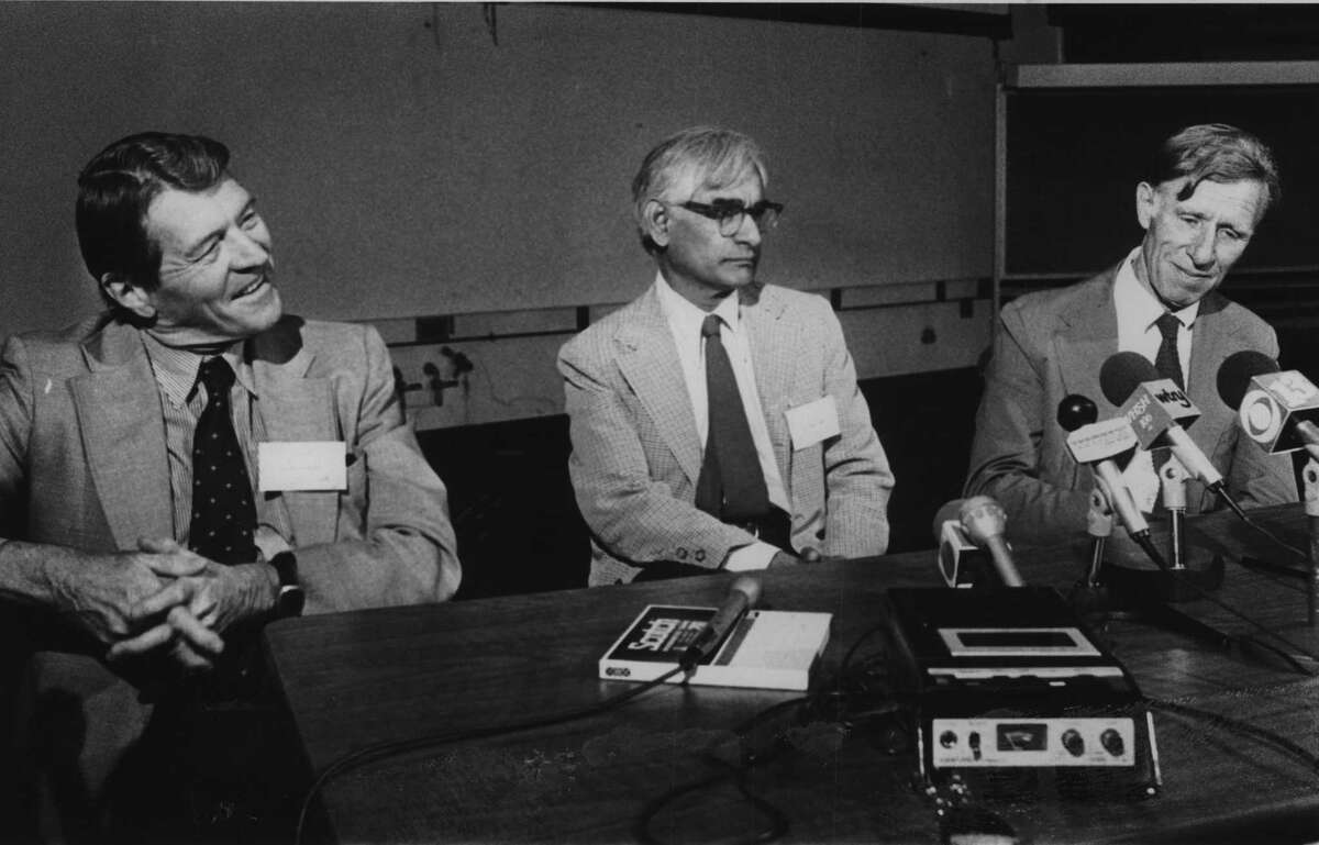 Rensselaer Polytechnic Institute symposium, Troy, New York - Nobel Laureate Christian Anfinsen, Har Gobind Khorana, and Konrad Bloch. June 19, 1980 (Times Union Archive)