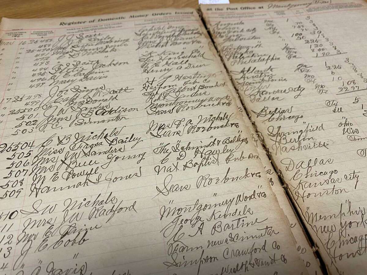 A Montgomery Post Office ledger from 1909 to 1917 was donated to the Montgomery Historical Society from the collection of Lonnie and Sonya Clover who both died in 2021.