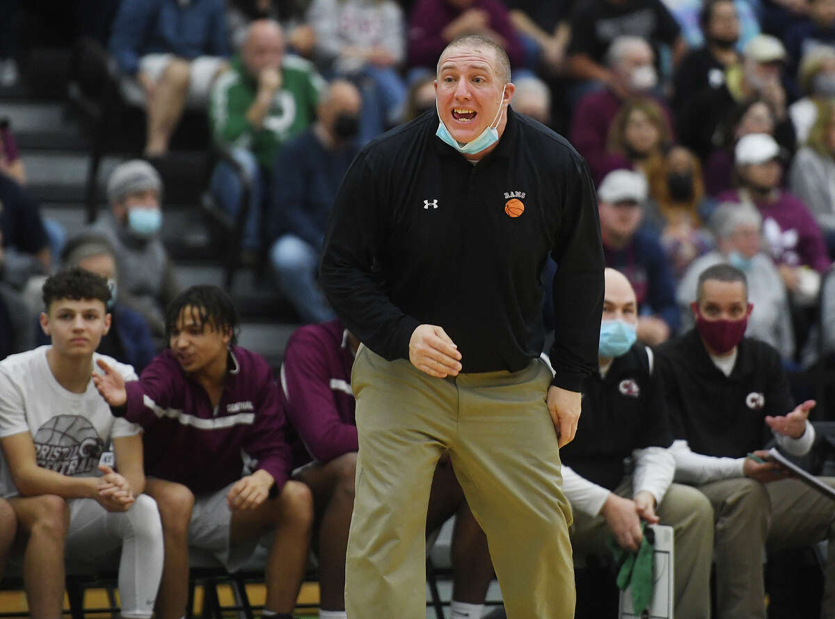 Bristol Central Coach Tim Barrette leads his team to an overtime victory over Wilton in the CIAC Division II boys basketball semifinals at the Floyd Little Athletic Center in New Haven, Conn., on Tuesday, March 15, 2022.
