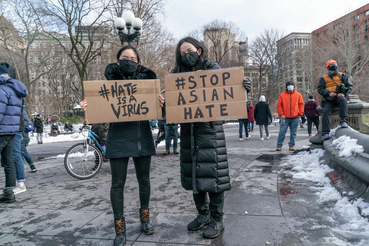 More than 200 people gathered on Washington Square Park to rally in support Aisian community, against hate crime and white nationalism. (Photo by Lev Radin/Pacific Press/LightRocket via Getty Images)