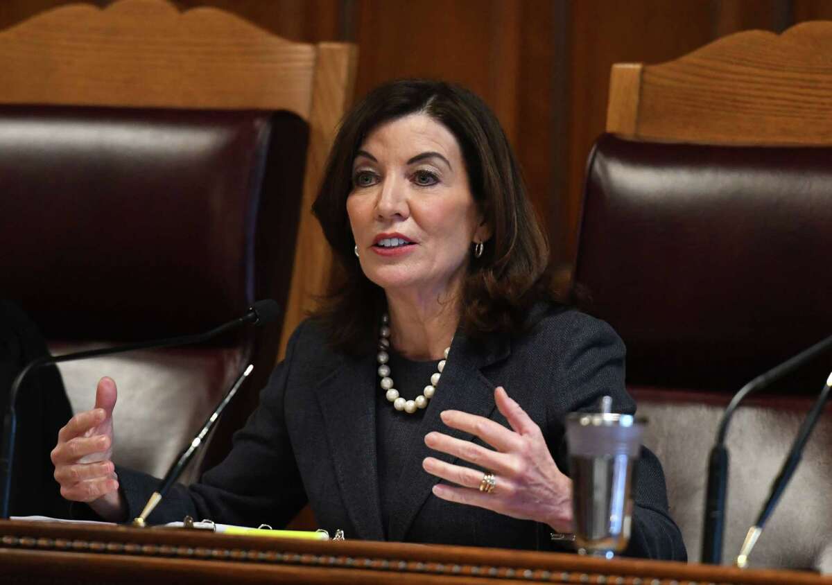 Gov. Kathy Hochul preside over the investitures of three new Court of Appeals judges on Tuesday, April 5, 2022, at the New York State Court of Appeals in Albany, N.Y. Judges Shirley Troutman, Madeline Singas and Anthony Cannataro were sworn-in to the state’s highest court.