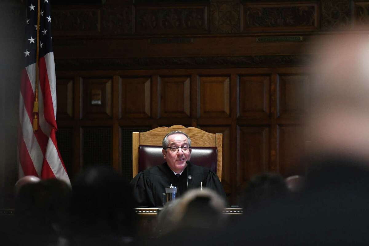 Judge Anthony Cannataro thanks colleagues and friends and family after being sworn in to the Court of Appeals in April.
