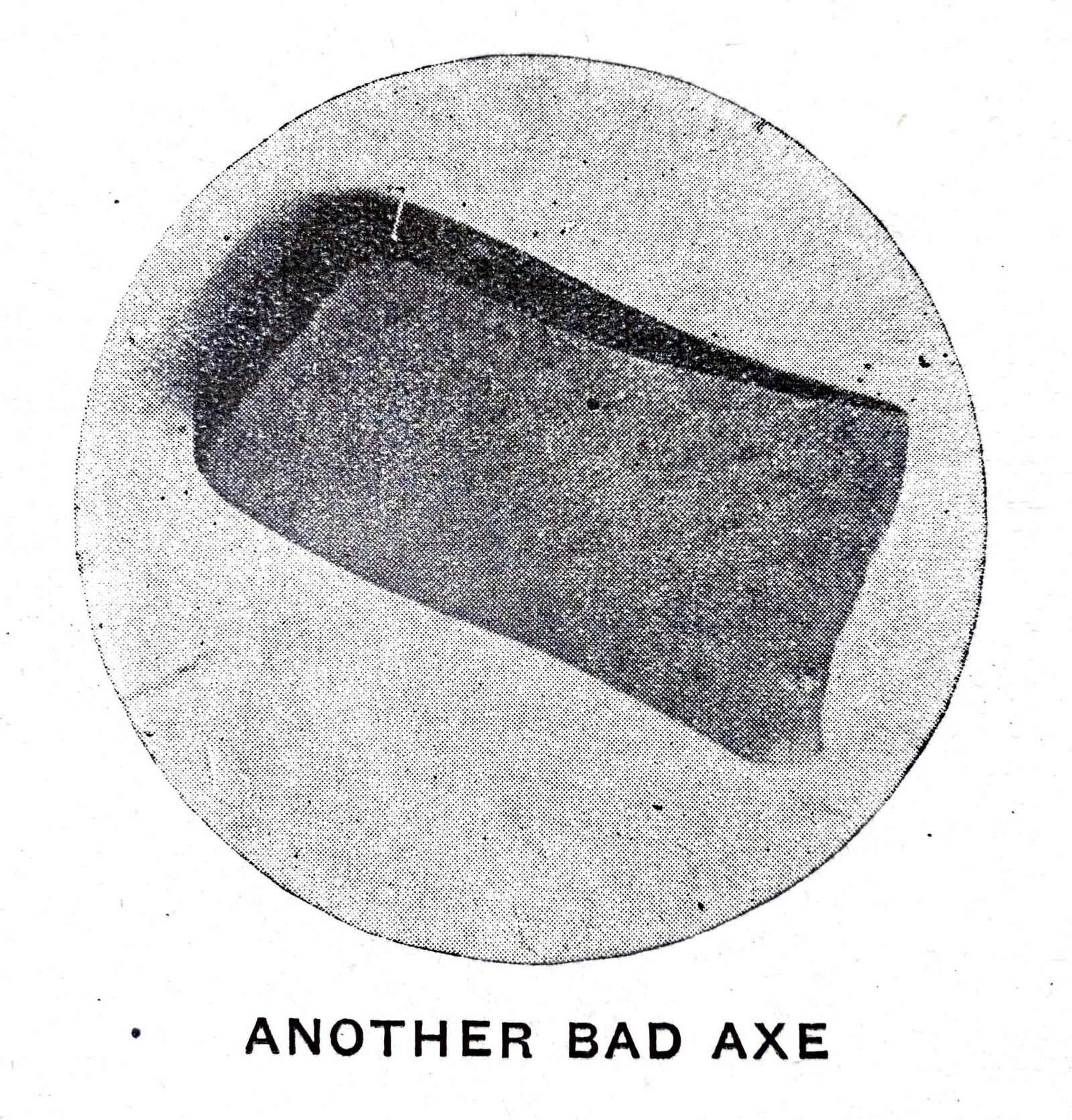 This image of an axe blade purported to be from the broken axe found by Rudolph Papst in 1861 was published in the Huron Daily Tribune's Bad Axe Golden Jubilee commemorative book in 1935.
