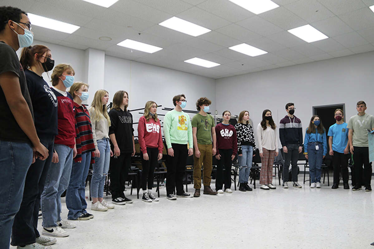 Students from Edwardsville High School rehearse the song “Loch Lomond” in preparation for their performance in “Total Vocal with Deke Sharon” Sunday afternoon at Carnegie Hall in New York.