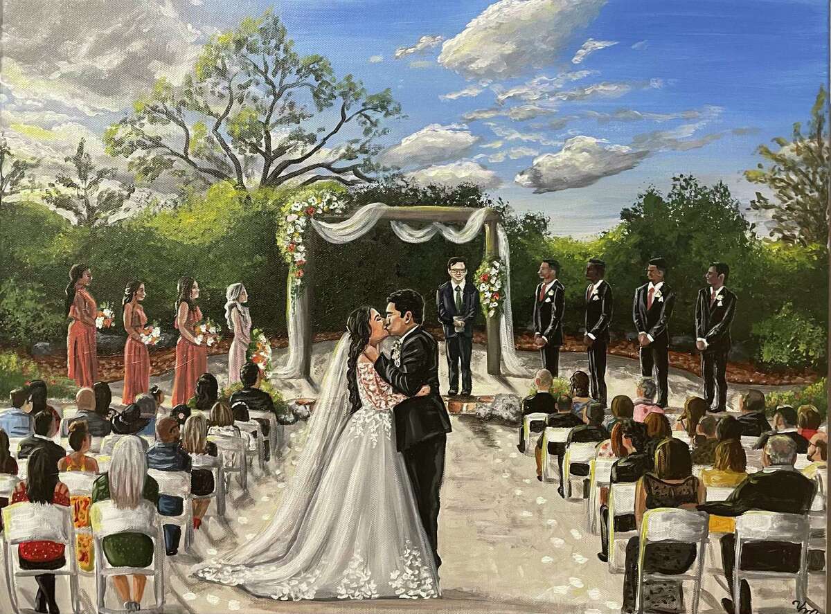 Artist Victoria Morales' work includes live wedding portraits. She starts them during the ceremony, then completes them at her studio.