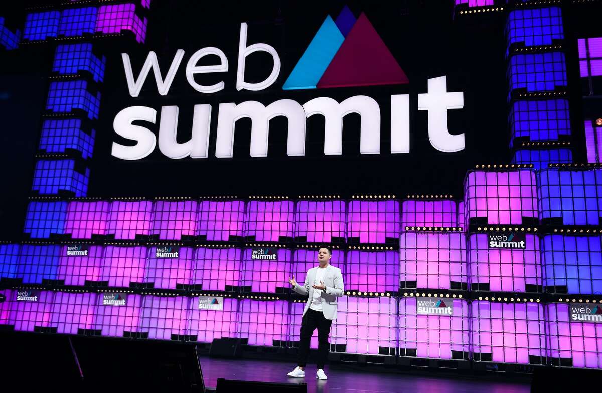 Fast CEO Domm Holland, Fast speaks during day one of Web Summit 2021 at the Altice Arena in Lisbon, Portugal.