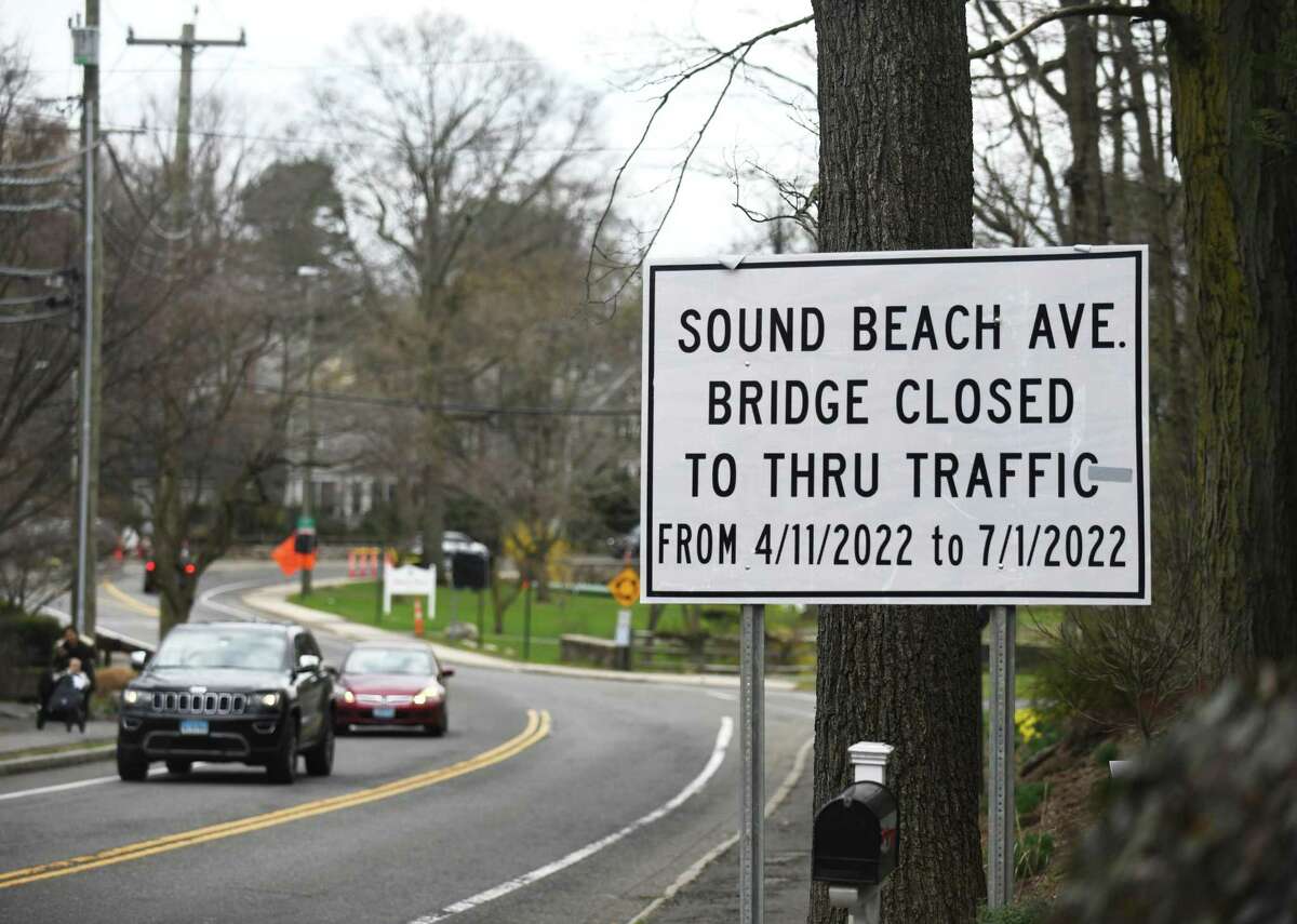 A sign warns drivers that the Sound Beach Avenue Bridge will soon be closed to be replaced in Old Greenwich, Conn. Tuesday, April 5, 2022. Starting April 11, traffic will be detoured to Harding Road and Forest Avenue as the Sound Beach Avenue Bridge is replaced. Construction is expected to last until the first week of July.