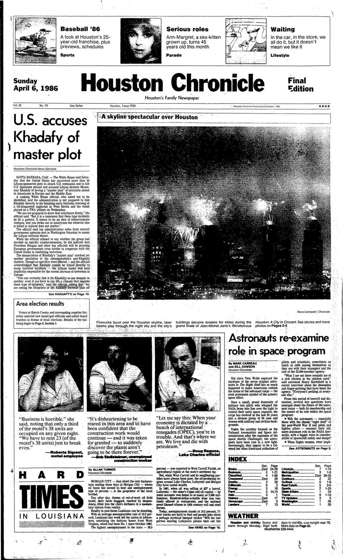 Houston Chronicle front page from April 6, 1986.
