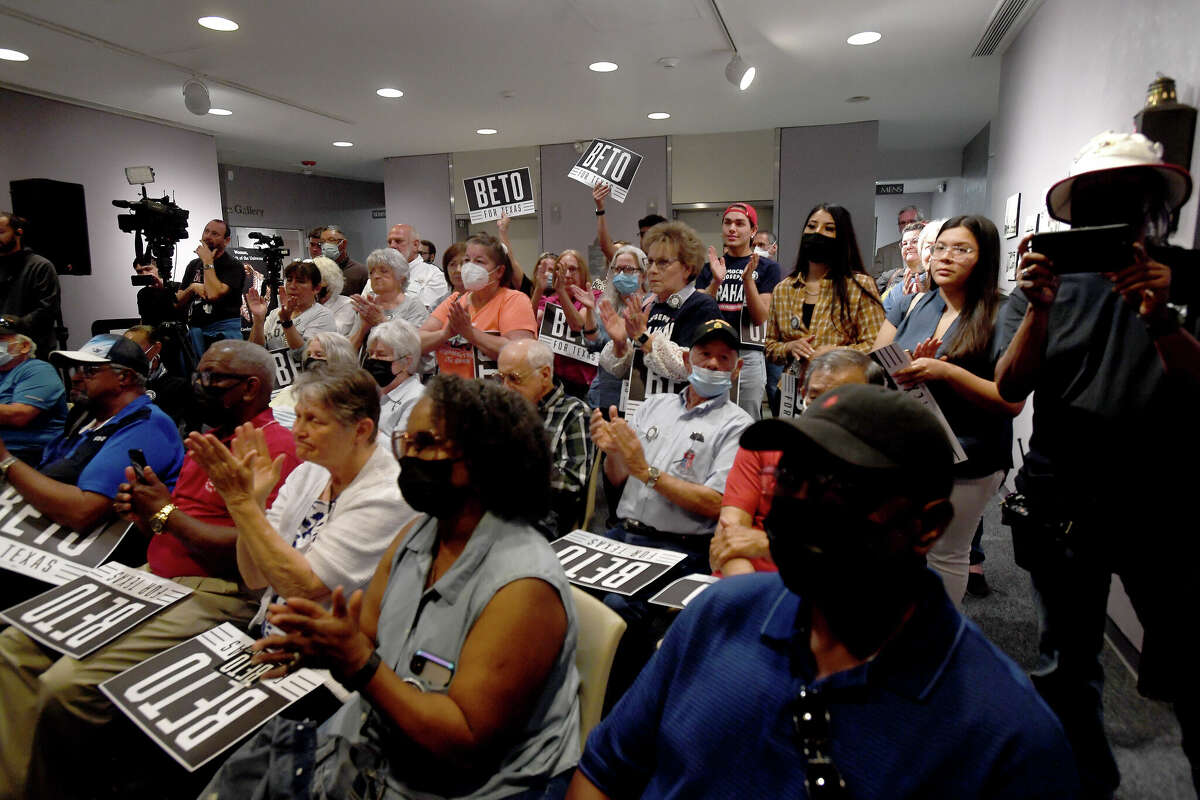 The crowd takes in Democratic gubernatorial candidate Beto O'Rourke during a town hall campaign stop at the Museum of the Gulf Coast in Port Arthur Monday, April 4. Photo made Monday, April 4, 2022 Kim Brent/The Enterprise