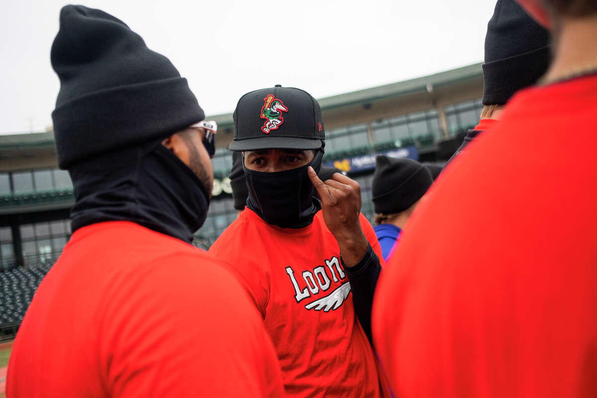 Great Lakes Loons players huddle up during their first home practice of the season Tuesday, April 5, 2022 at Dow Diamond.