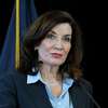 Gov. Kathy Hochul gives an update on the state's progress combating COVID-19 on Monday, March 21, 2022, during a press conference at the David Axelrod Institute in Albany, N.Y. (Will Waldron/Times Union)