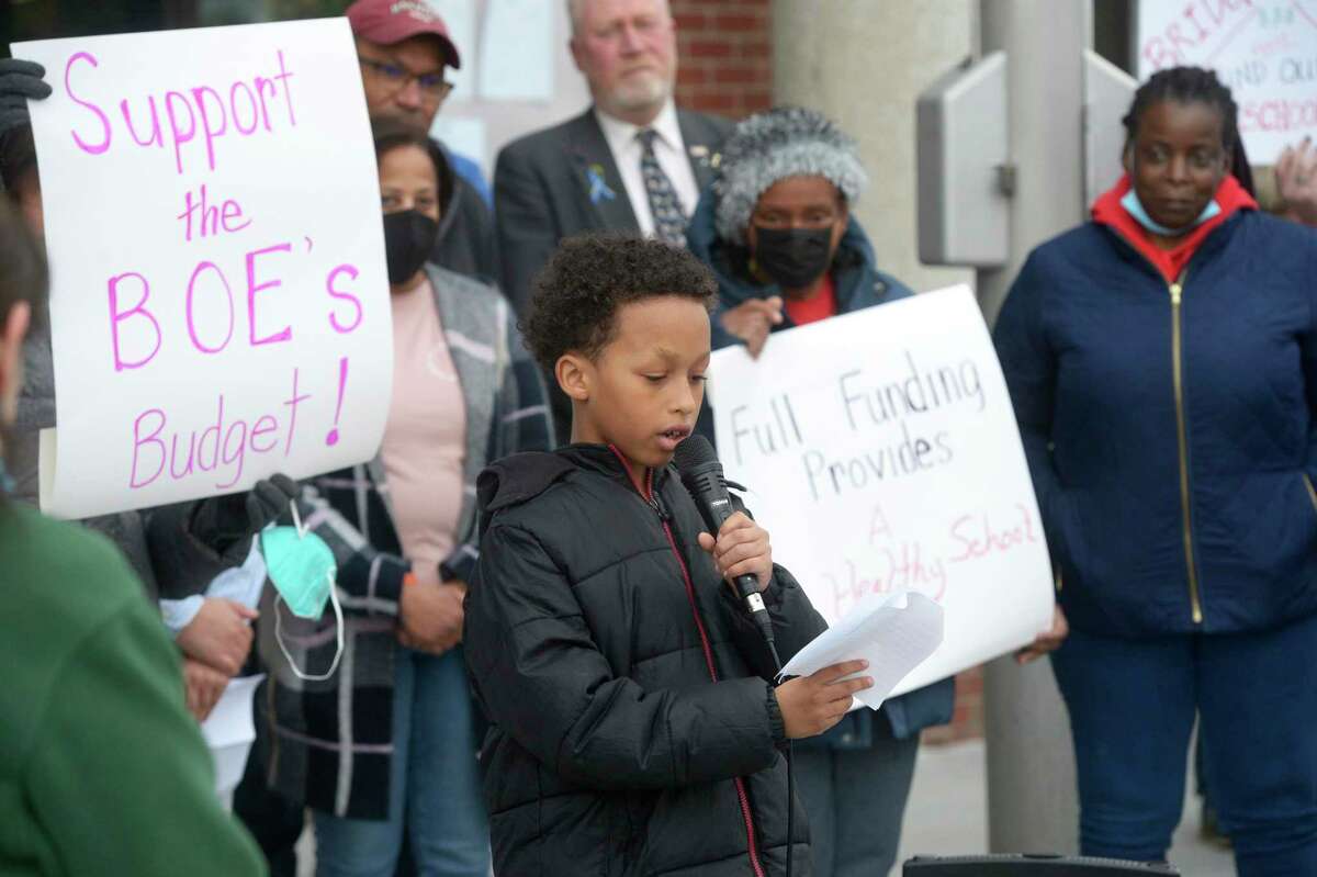 Park Avenue School 4th-grader Phillip Merritt Jr speaks at a rally at city hall to support the school budget proposal ahead of the mayor’s budget proposal on Tuesday night, April 5, 2020, Danbury, Conn.