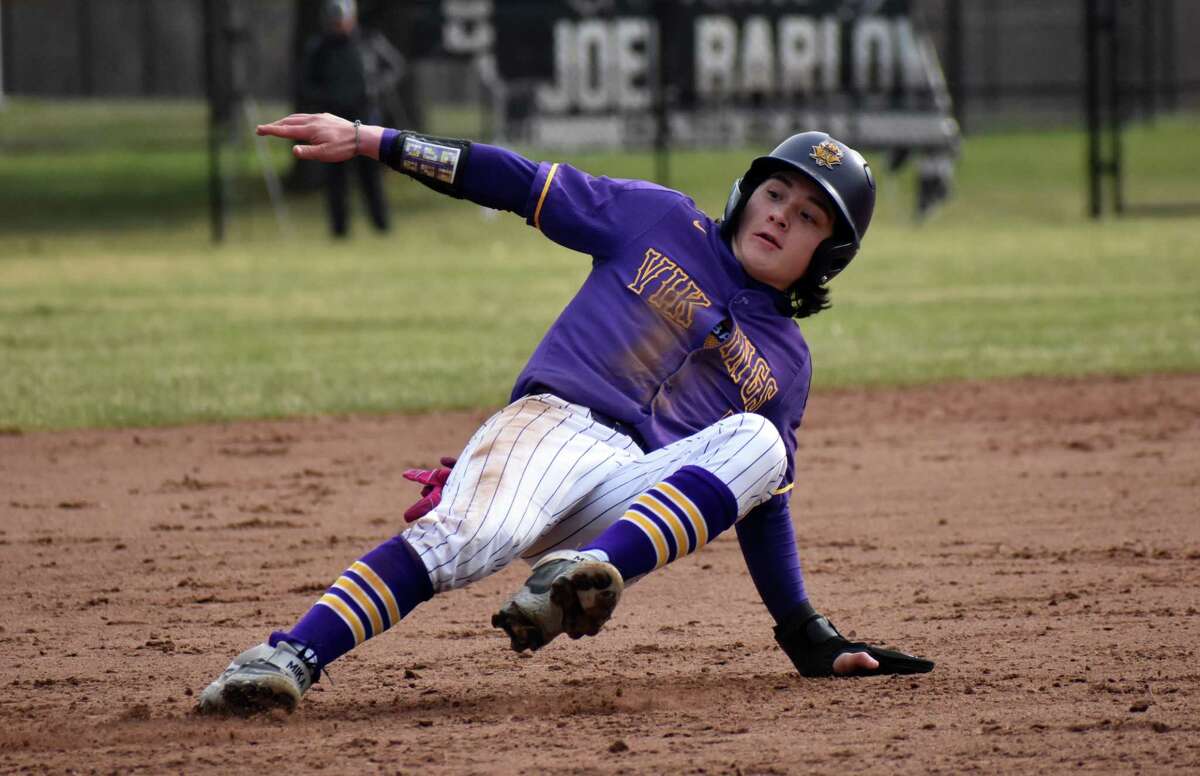 Westhill's Mika Petersen stops short during a baseball game between Westhill and Joel Barlow at Joel Barlow on April 5 in Redding.
