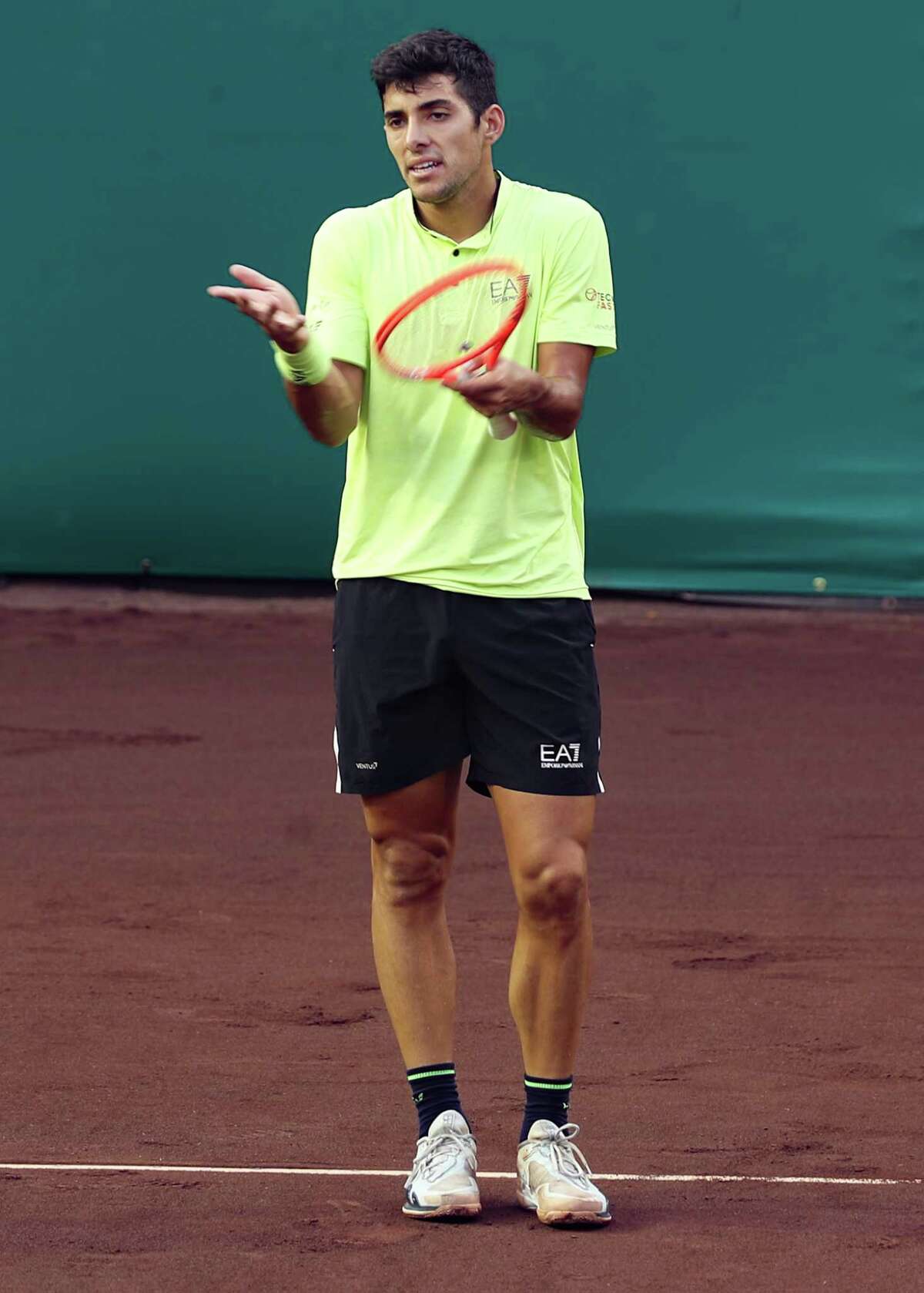 Christian Garin (CHI) reacts to a fault call during the first round of the Fayez Sarofim & Co. U.S. Men’s Clay Court Championship against Jack Sock, USA, at River Oaks Country Club in Houston on Tuesday, April 5, 2022.