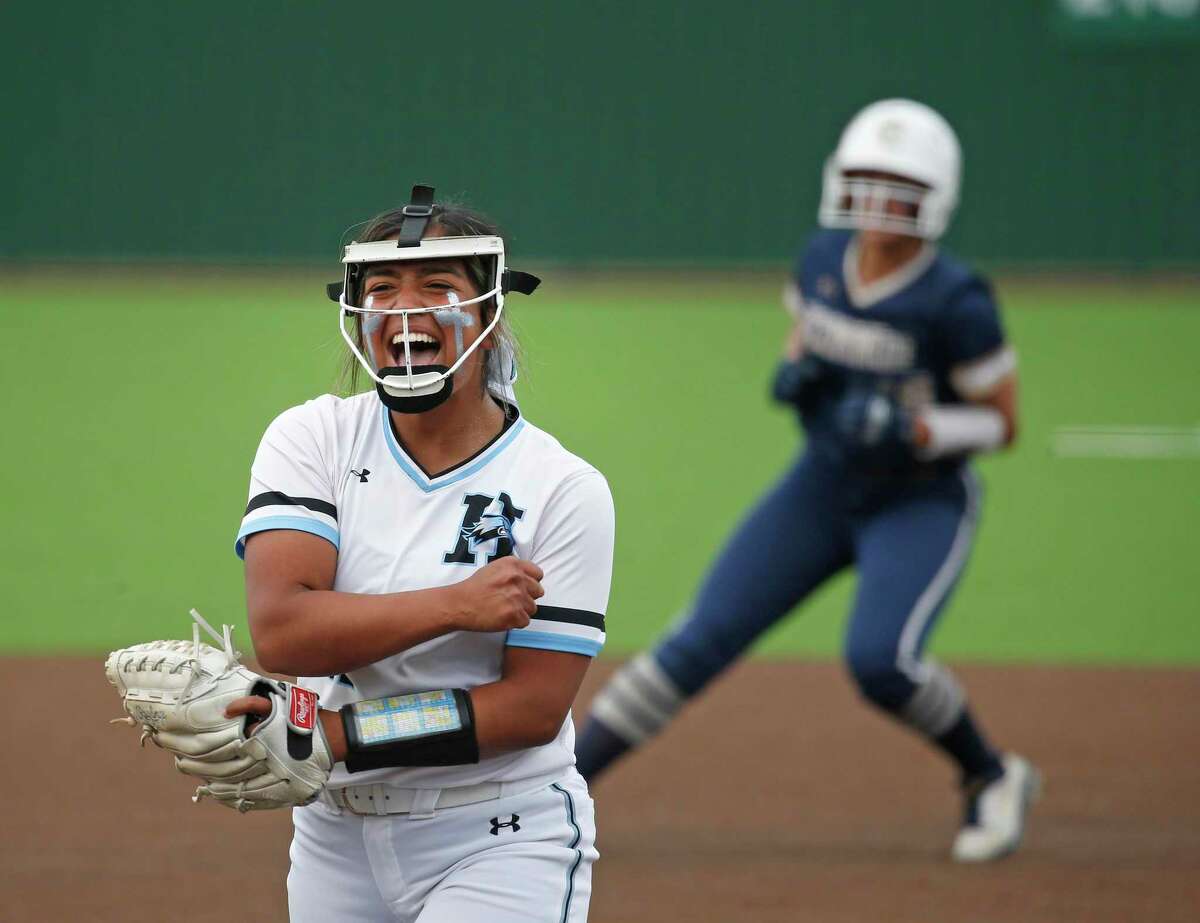 Harlan pitcher Aubrey Flores reacts after a strike-out. O’Connor defeated Harlan 3-1 in a softball on Tuesday, April 5, 2022 at Northside Field No. 2 .