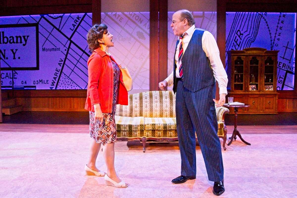 Antoinette LaVecchia, left, as Polly Noonan and Michael Pemberton as Erastus Corning 2nd in Capital Repertory Theatre's production of "The True," running through April 24, 2022.