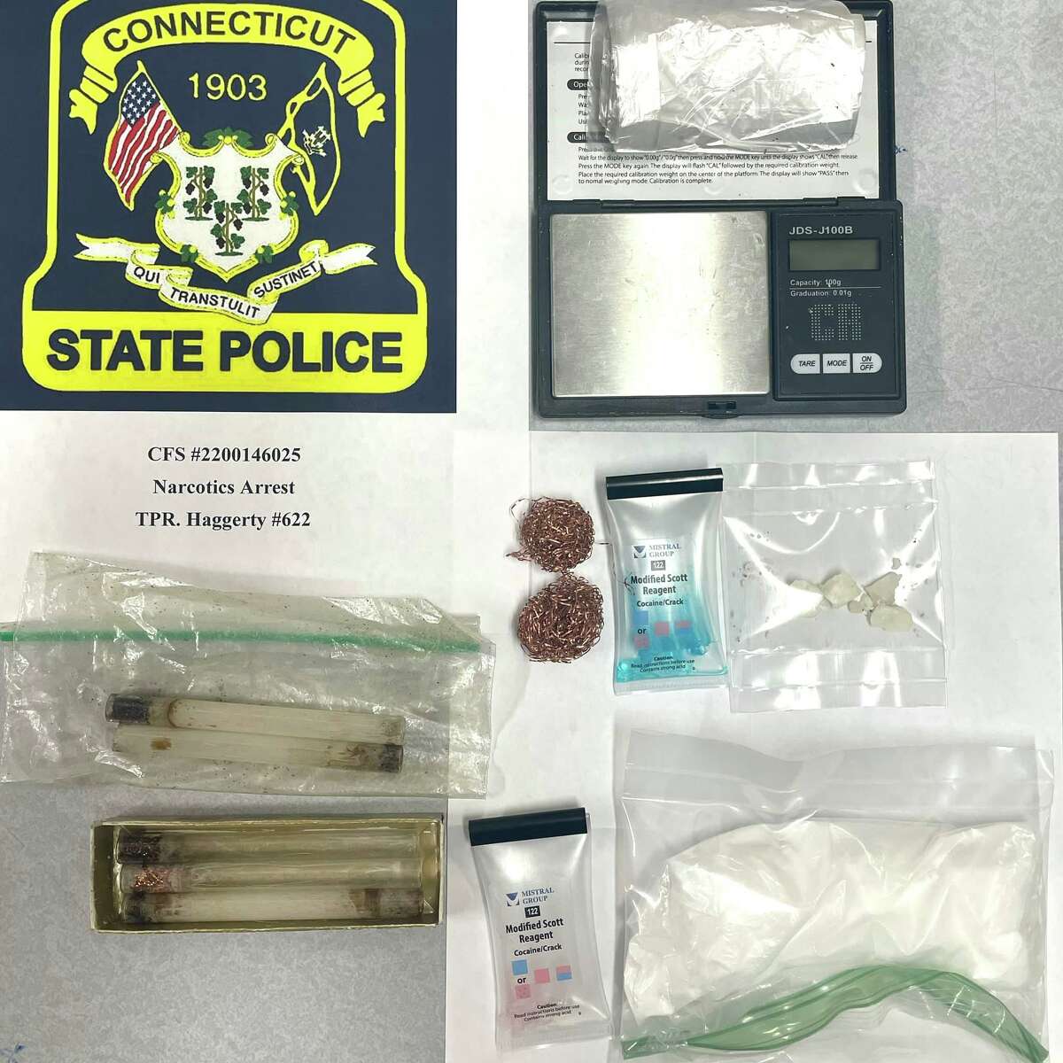 State police said troopers found about three ounces of crack cocaine, pipes and other items used to sell illegal narcotics during a search of a vehicle near a Griswold, Conn., park on Monday, April 5, 2022.