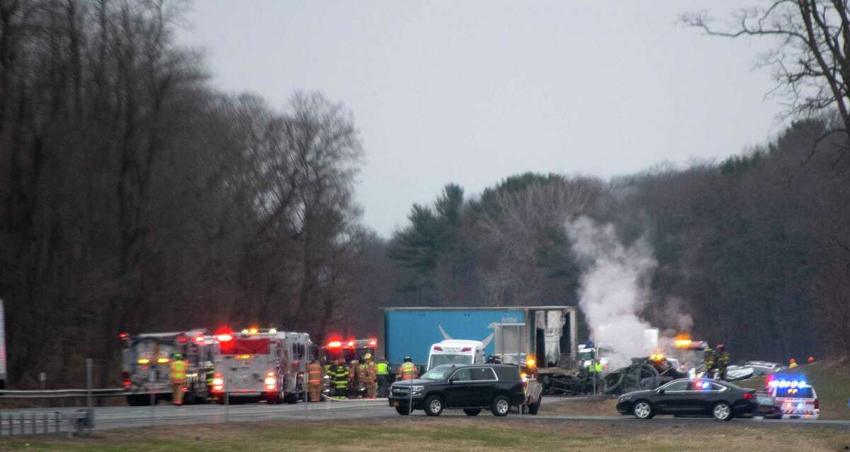 Emergency workers at the scene of an accident on the eastbound lanes of Interstate 90 on Wednesday, April 6, 2022, in Guilderland, N.Y. (Paul Buckowski/Times Union)