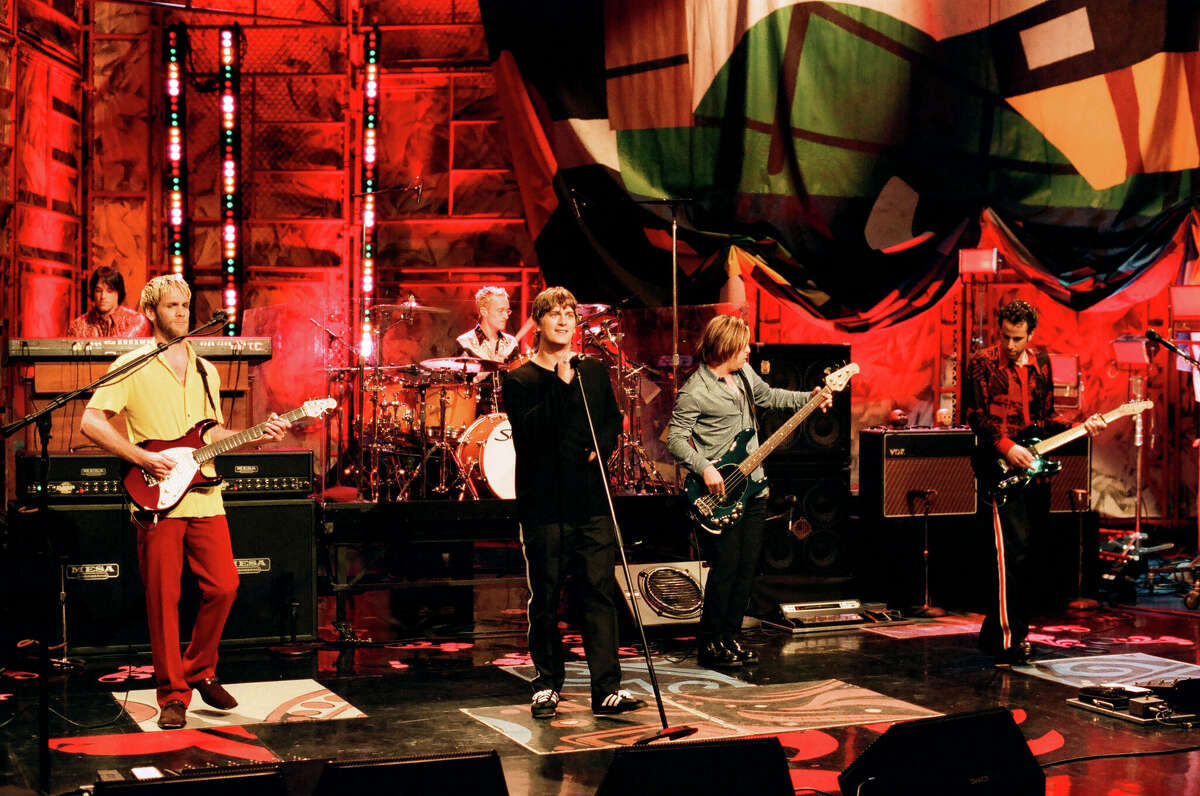 THE TONIGHT SHOW WITH JAY LENO -- Episode 1414 -- Pictured: (l-r) Kyle Cook, Paul Doucette, Rob Thomas, Brian Yale and Adam Gaynor of musical guest Matchbox 20 perform on July 16, 1998.