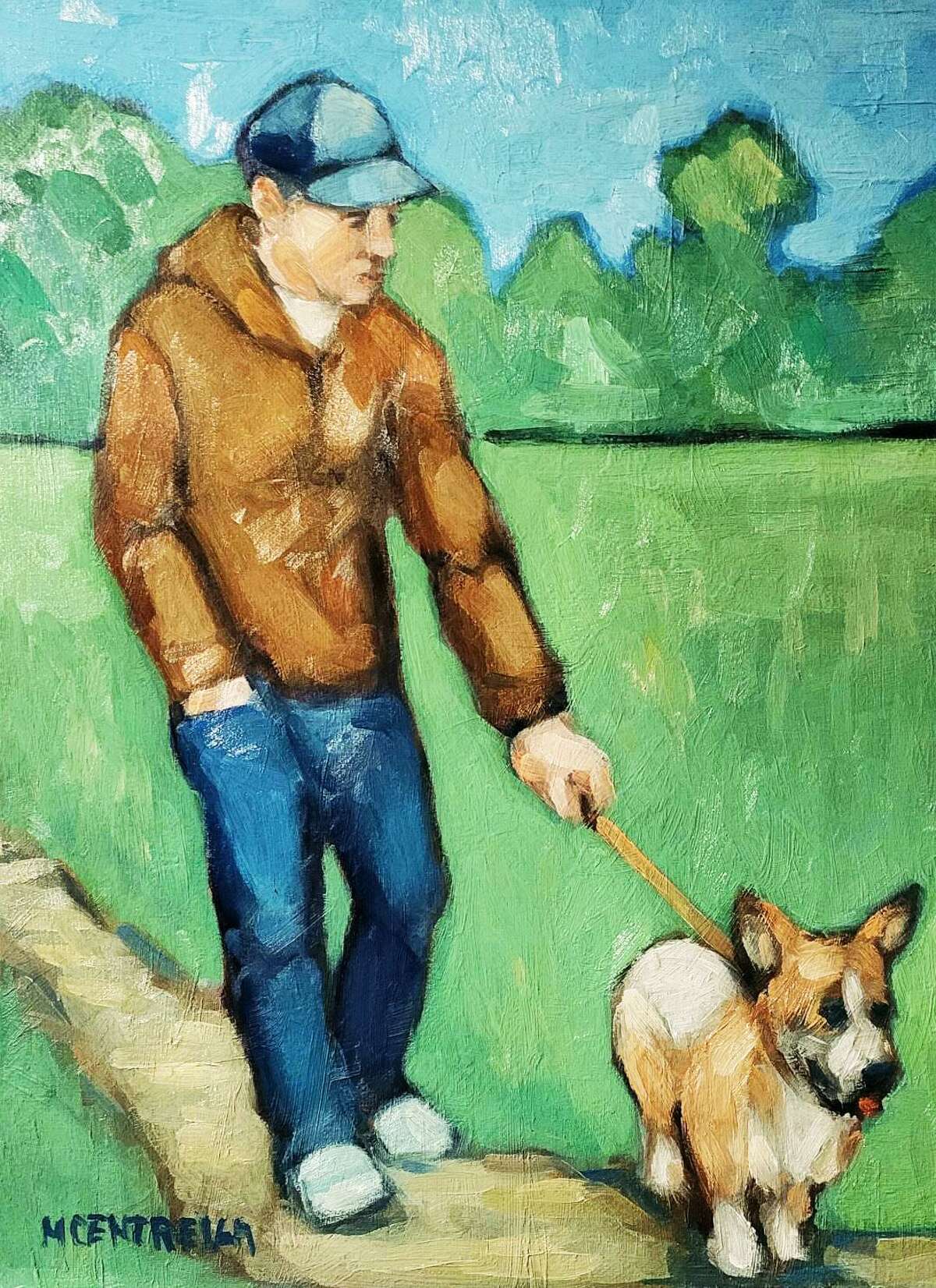 The River Valley Artists show this month at the Essex Library includes Michael Centrella’s “Walking the Puppy at Cross Lots.”