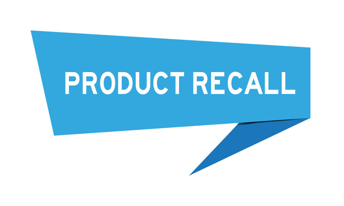 Blue color paper speech banner with word product recall on white background