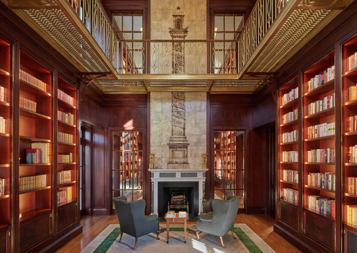 The two-story mahogany library in the home on 555 Lake Avenue in Greenwich, Conn. 