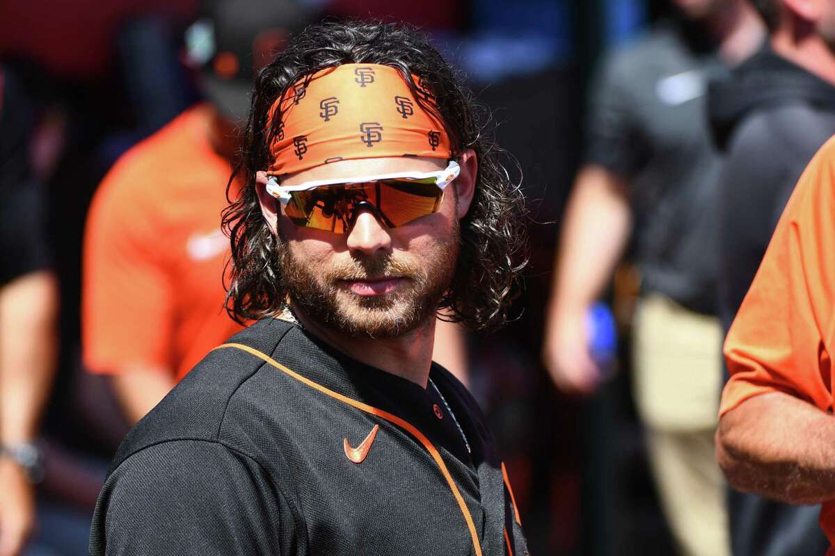 Brandon Crawford of the San Francisco Giants during a game vs the Los Angeles Angels on Sunday March 27, 2022 at Tempe Diablo Stadium in Tempe, AZ.