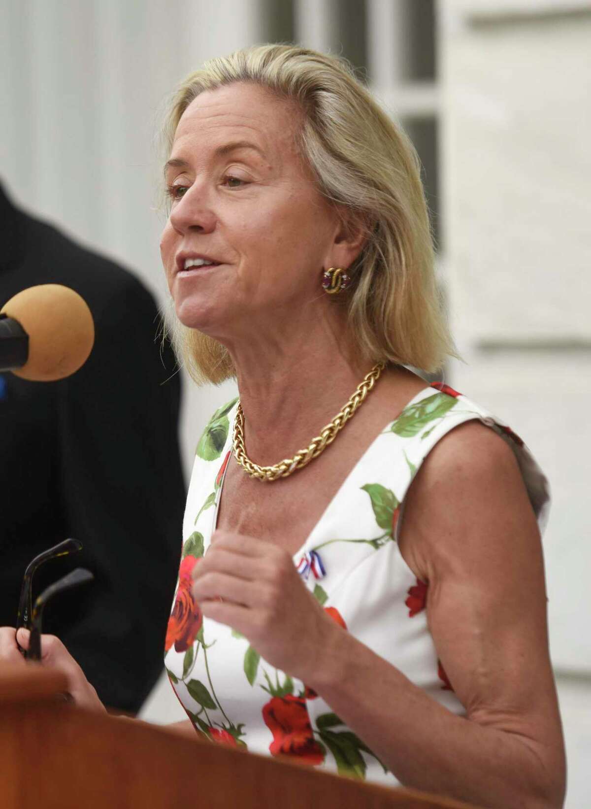 Alliance Française of Greenwich President Renée Amory Ketcham speaks at the Bastille Day flag-raising ceremony at Town Hall in Greenwich on July 14, 2016.