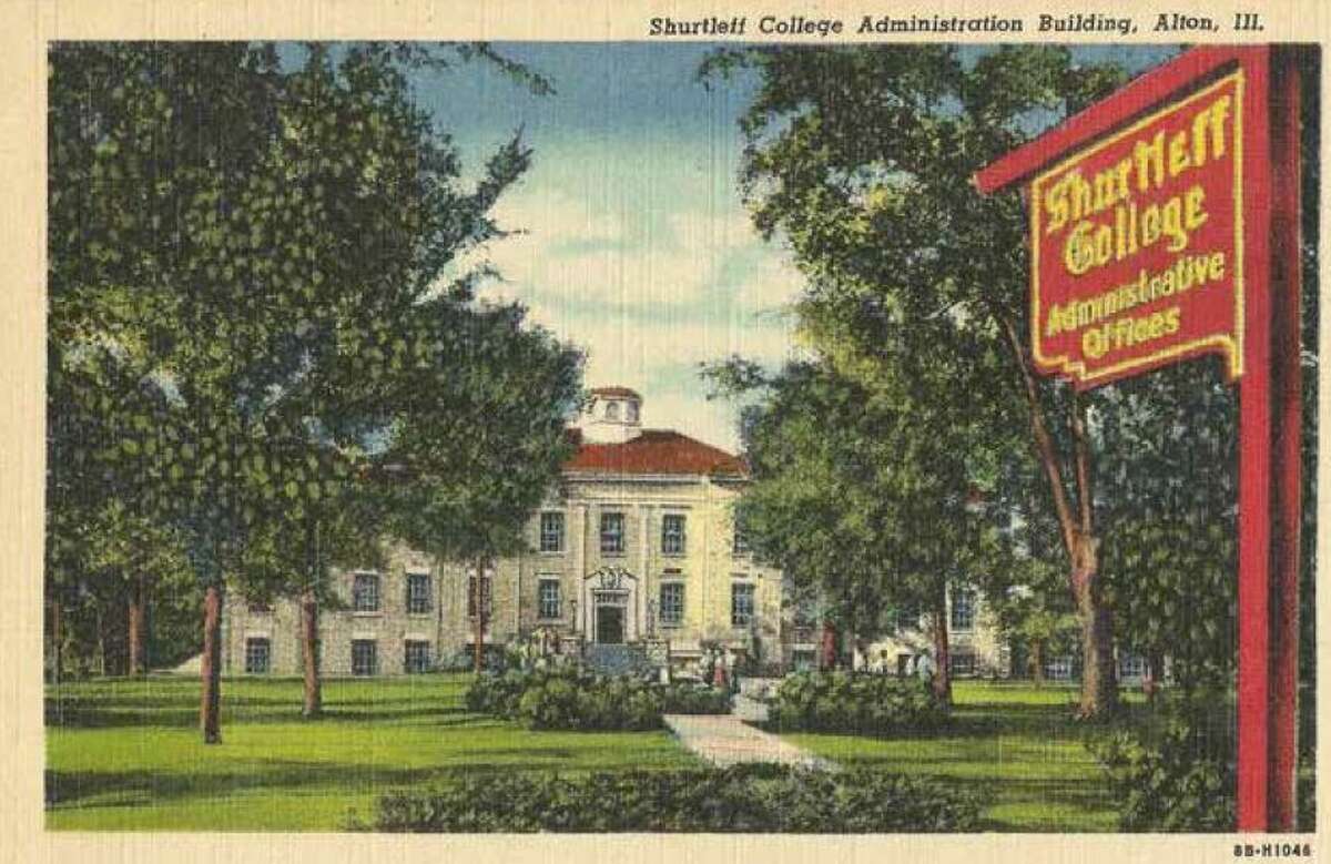This vintage postcard shows the adminstrative offices of Shurtleff College in Alton. Founded by Rev. John Mason Peck, a BaptistMinister in 1827, it ceased operations in 1957, becoming part of SIUE. Perhaps the most famous alumni if the school is Robert Wadlow, Alton’s gentle giant. He attended the school in 1938.