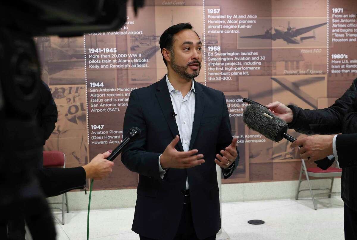 Congressman Joaquin Castro (pictured) and Jesus Saenz, San Antonio Airport System, Director of Airports address federal funding for the San Antonio International Airport for renovations and future expansion efforts on Monday, Mar. 21, 2022.