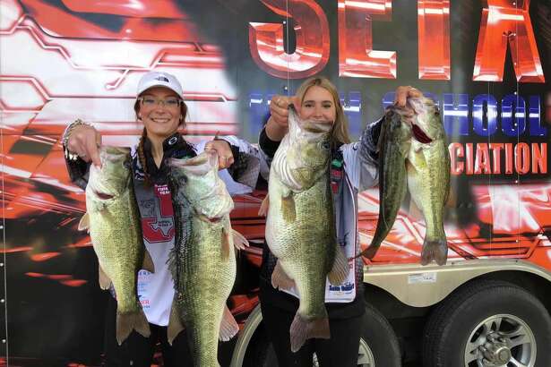 Jasper High School lady anglers Kileigh Isom (left) and Savannah Landers reeled in five bass weighing 23.97 pounds to top 474 teams in the Southeast Texas High School Bass Fishing Association team tournament held March 19 on Sam Rayburn.