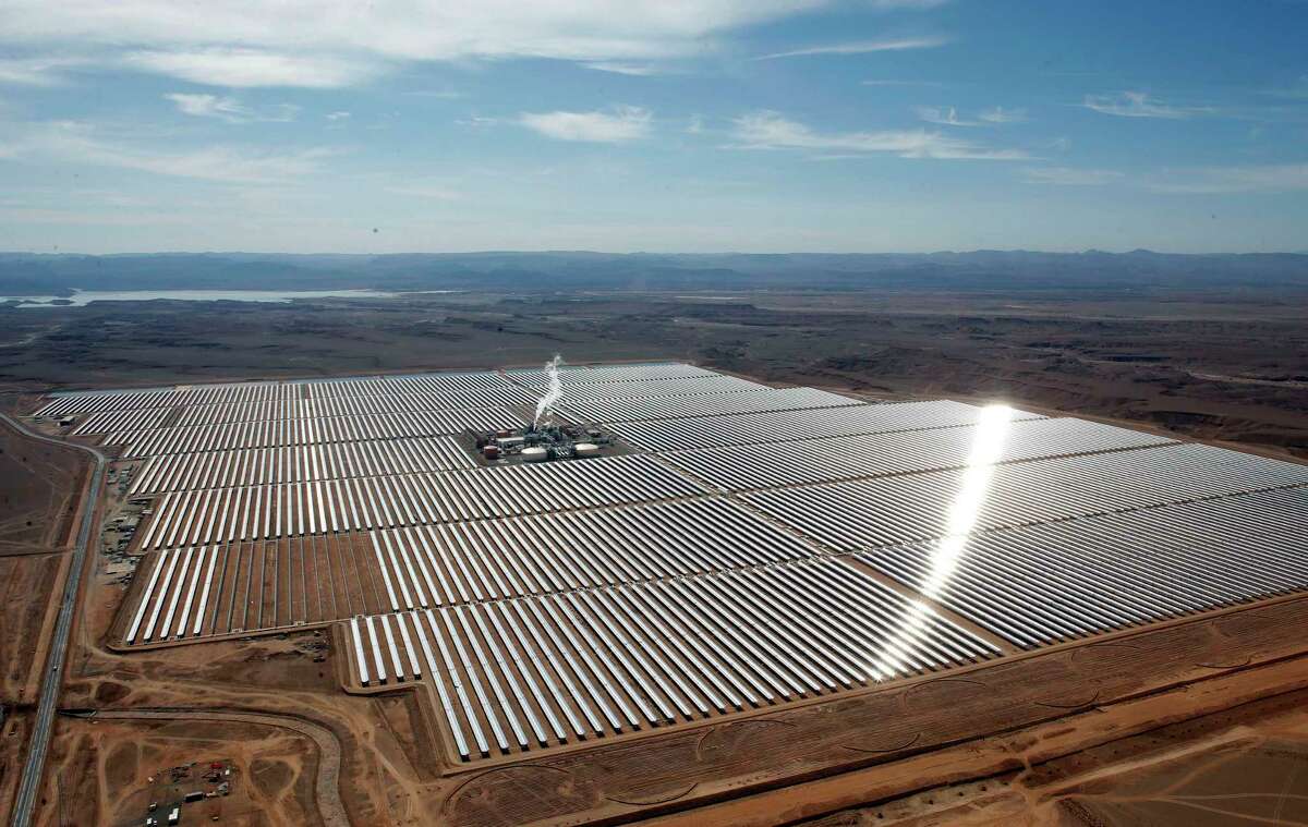 An aerial view of a solar power plant in Ouarzazate, central Morocco. Renewable energy's potential across the African continent remains largely untapped, according to a new report in April 2022 by the United Nation's Intergovernmental Panel on Climate Change.