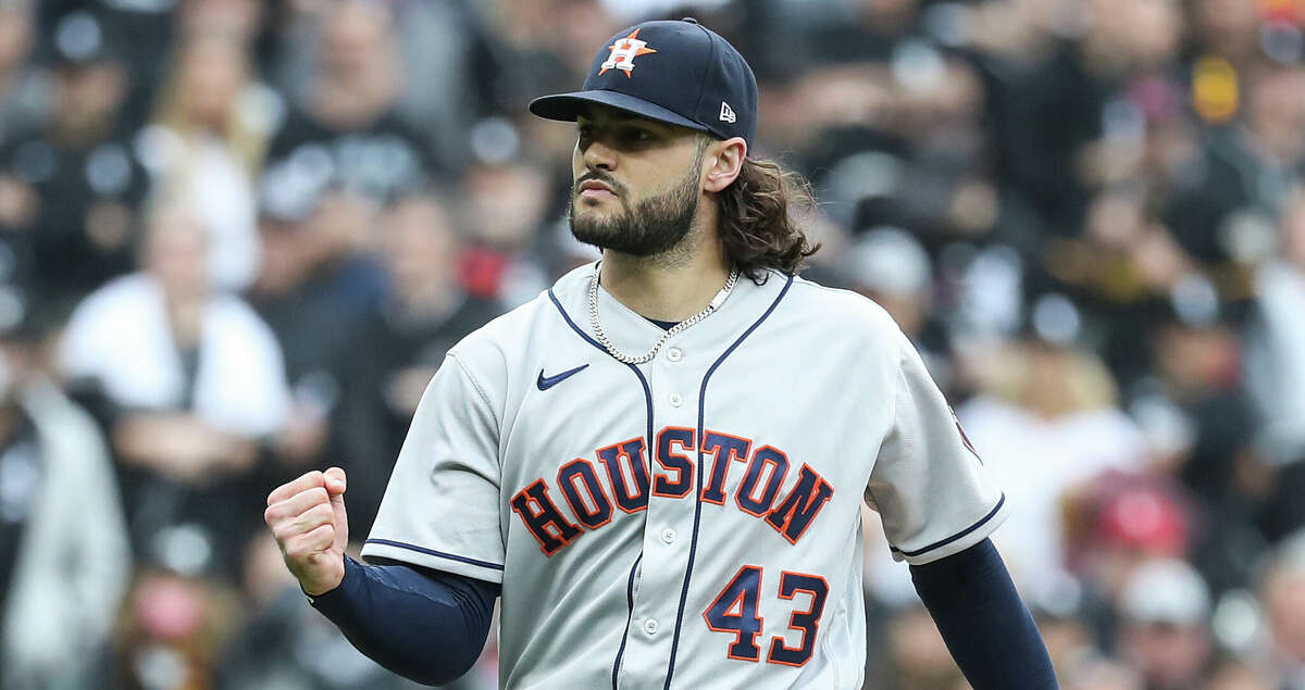 Houston Astros starting pitcher Lance McCullers Jr. pumps his fist after striking out Chicago White Sox catcher Yasmani Grandal to end the first inning in Game 4 of the American League Division Series Tuesday, Oct. 12, 2021, in Chicago.