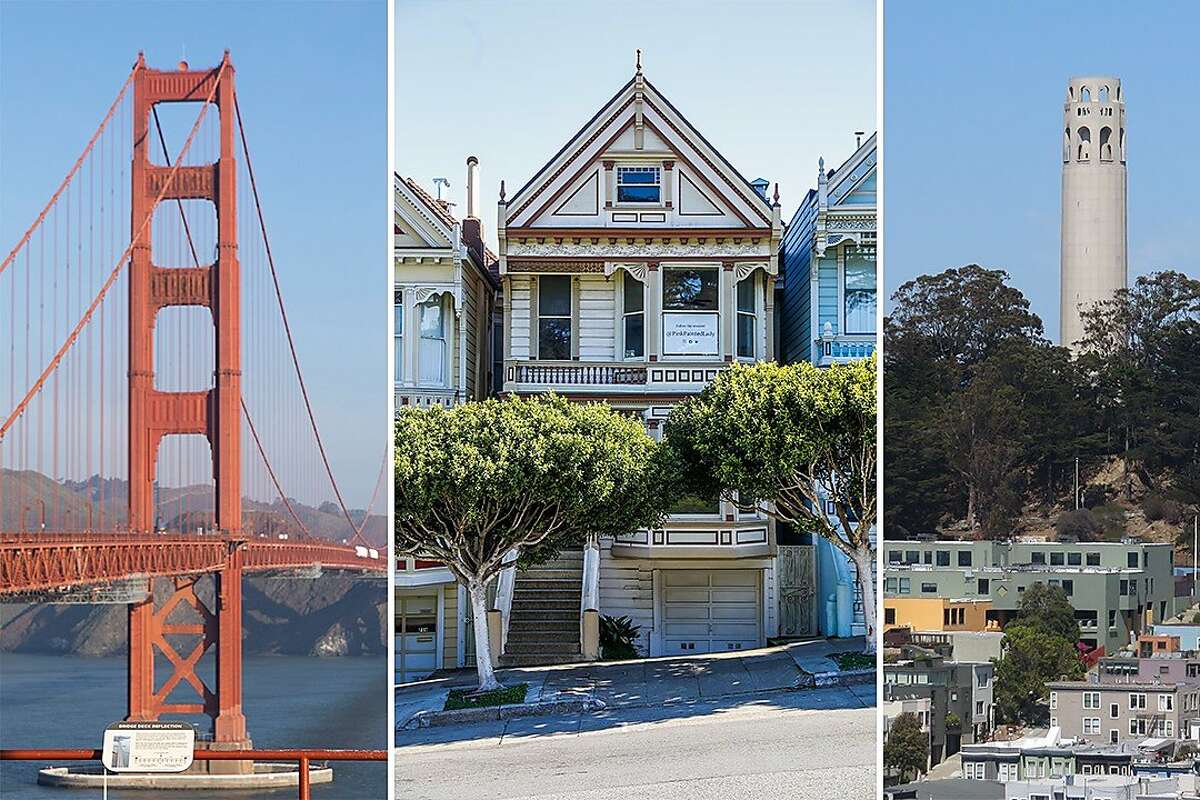 The Golden Gate Bridge, one of the Painted Ladies houses and Coit Tower.
