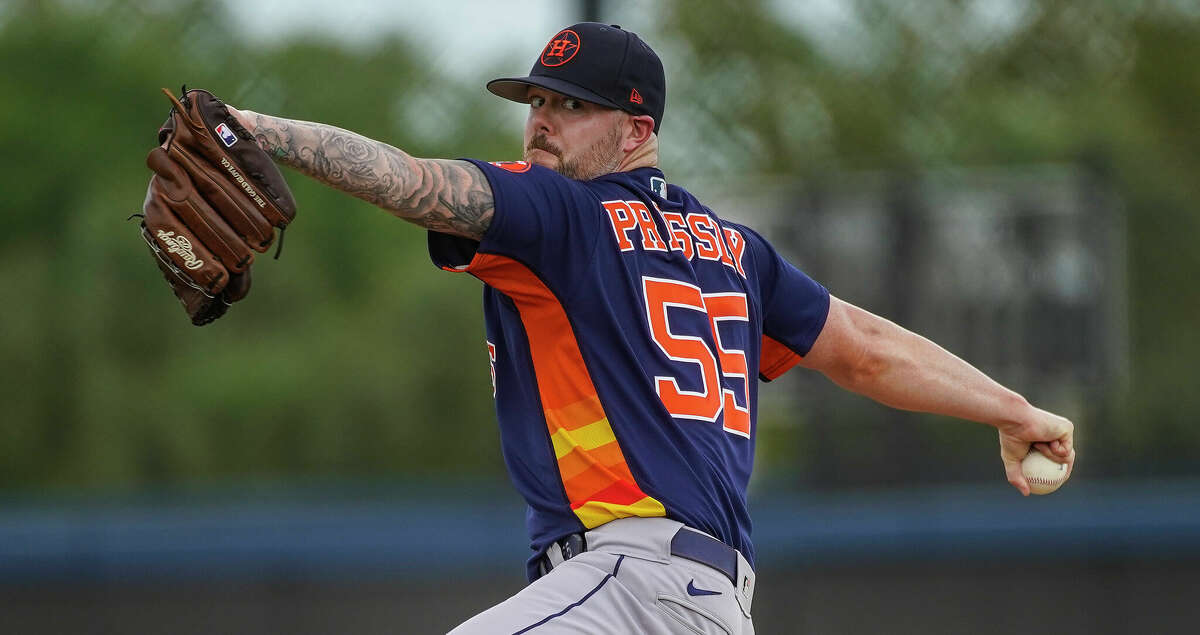 Houston Astros pitcher Ryan Pressly (55) pitches during a minor league game against the Washington Nationals minor leaguers on the back fields at The Ballpark of the Palm Beaches facility on Thursday, March 24, 2022 in West Palm Beach.