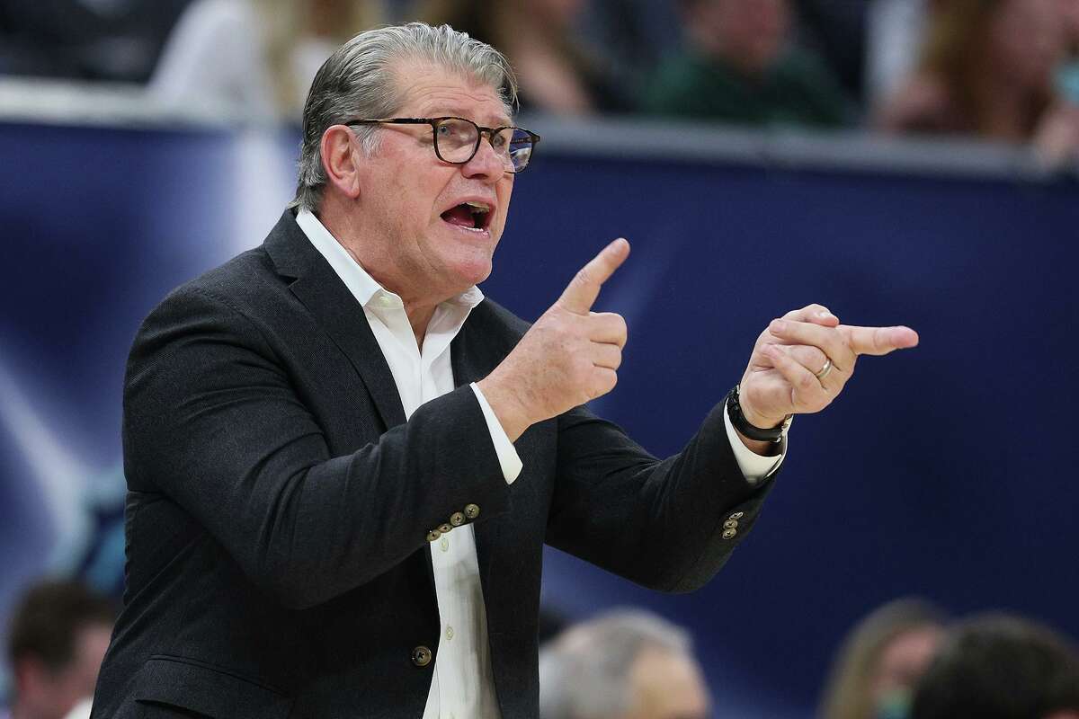 In this photo from April 03, 2022, head coach Geno Auriemma of the UConn Huskies during the first quarter against the South Carolina Gamecocks during the 2022 NCAA Women's Basketball Tournament National Championship game at Target Center in Minneapolis, Minnesota.