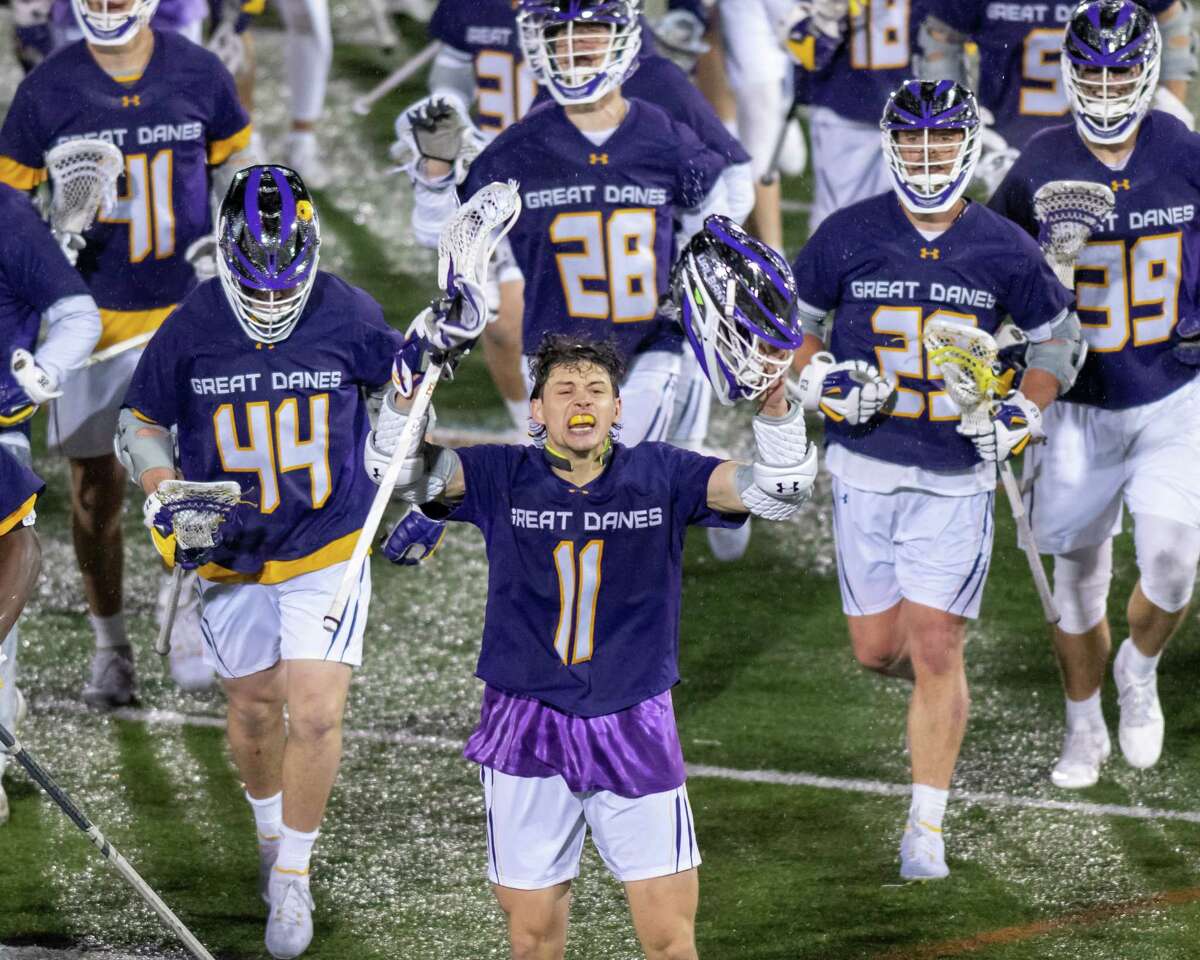 UAlbany senior Corey Yunker (No. 11) celebrates a win over Syracuse at Casey Stadium on the UAlbany campus on Thursday, April 7, 2022. (Jim Franco/Special to the Times Union)