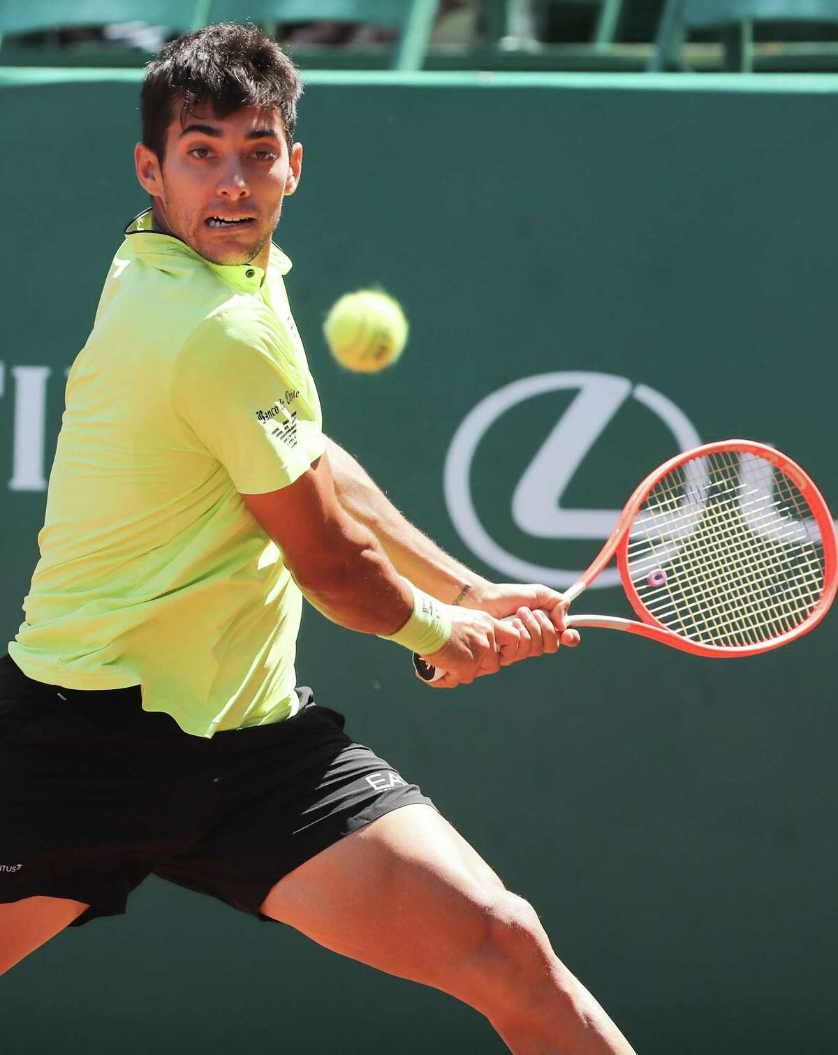 Christian Garin, CHI, returns a serve to Jordan Thompson, AUS during the second round of the Fayez Sarofim & Co. U.S. Men’s Clay Court Championship at River Oaks Country Club in Houston on Thursday, April 7, 2022.