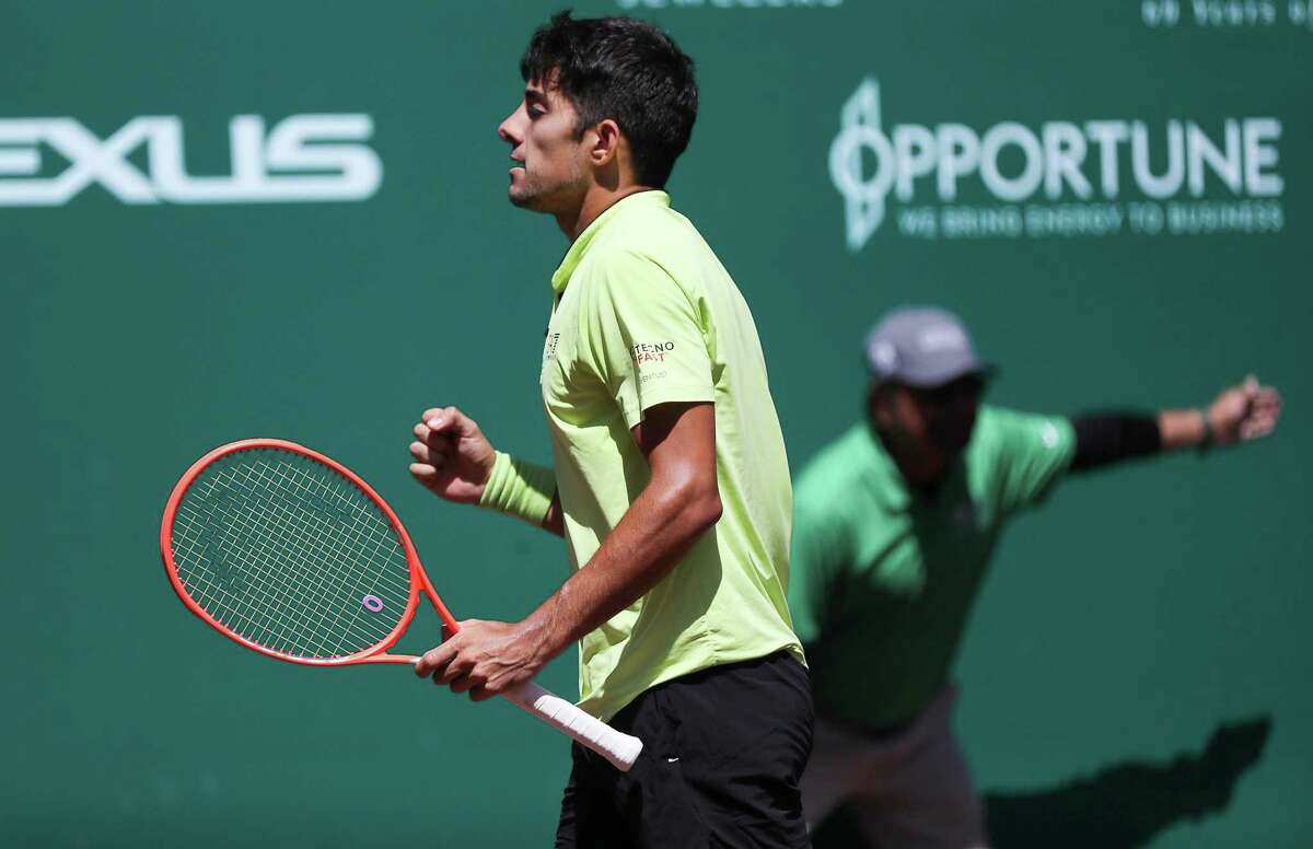 Christian Garin, CHI, reacts after scoring against Jordan Thompson, AUS, during the second round of the Fayez Sarofim & Co. U.S. Men’s Clay Court Championship at River Oaks Country Club in Houston on Thursday, April 7, 2022.