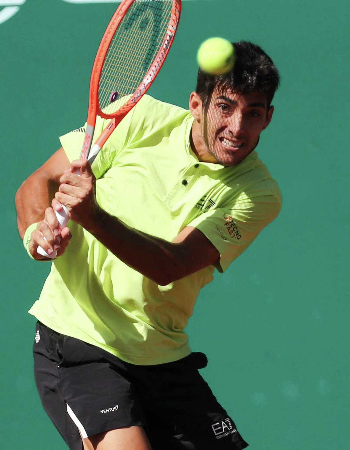 Christian Garin, CHI, returns a hit against Jordan Thompson, AUS, during the second round of the Fayez Sarofim & Co. U.S. Men’s Clay Court Championship at River Oaks Country Club in Houston on Thursday, April 7, 2022.