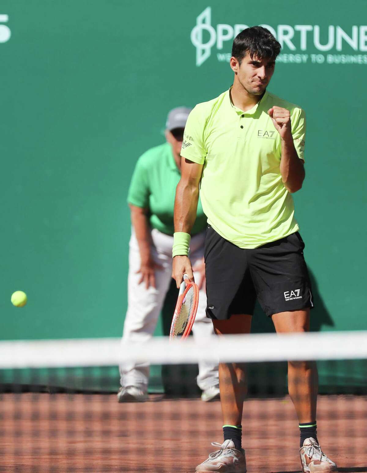 Christian Garin, CHI, reacts to winning a game against Jordan Thompson, AUS, during the second round of the Fayez Sarofim & Co. U.S. Men’s Clay Court Championship at River Oaks Country Club in Houston on Thursday, April 7, 2022.