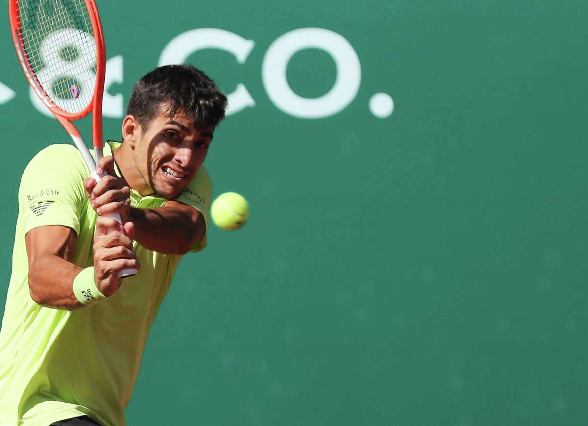 Christian Garin, CHI, returns a hit against Jordan Thompson, AUS, during the second round of the Fayez Sarofim & Co. U.S. Men’s Clay Court Championship at River Oaks Country Club in Houston on Thursday, April 7, 2022.