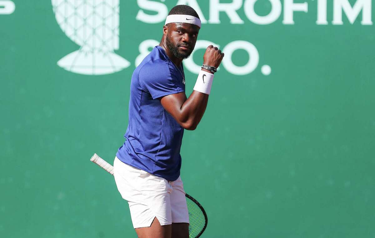 Frances Tiafoe, USA, reacts after winning a game against Pablo Cuevas, URU, during the second round of the Fayez Sarofim & Co. U.S. Men’s Clay Court Championship at River Oaks Country Club in Houston on Thursday, April 7, 2022.
