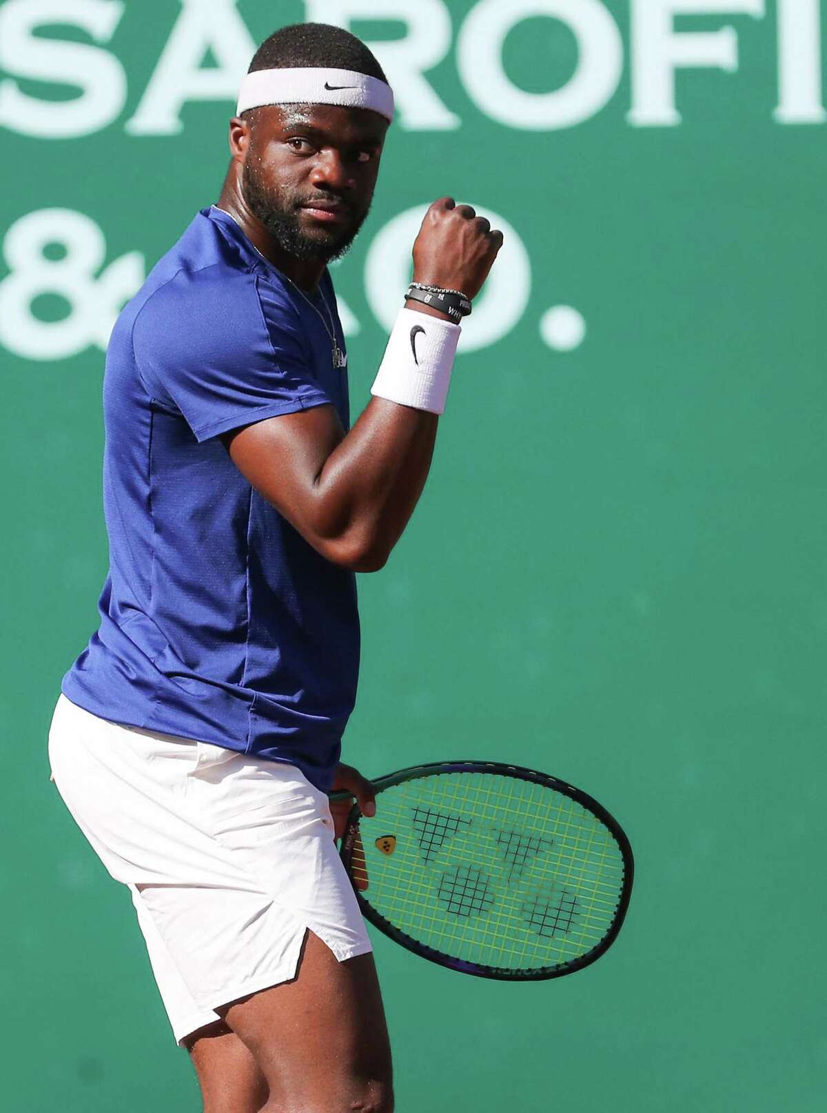 Frances Tiafoe, USA, reacts after winning a game against Pablo Cuevas, URU, during the second round of the Fayez Sarofim & Co. U.S. Men’s Clay Court Championship at River Oaks Country Club in Houston on Thursday, April 7, 2022.