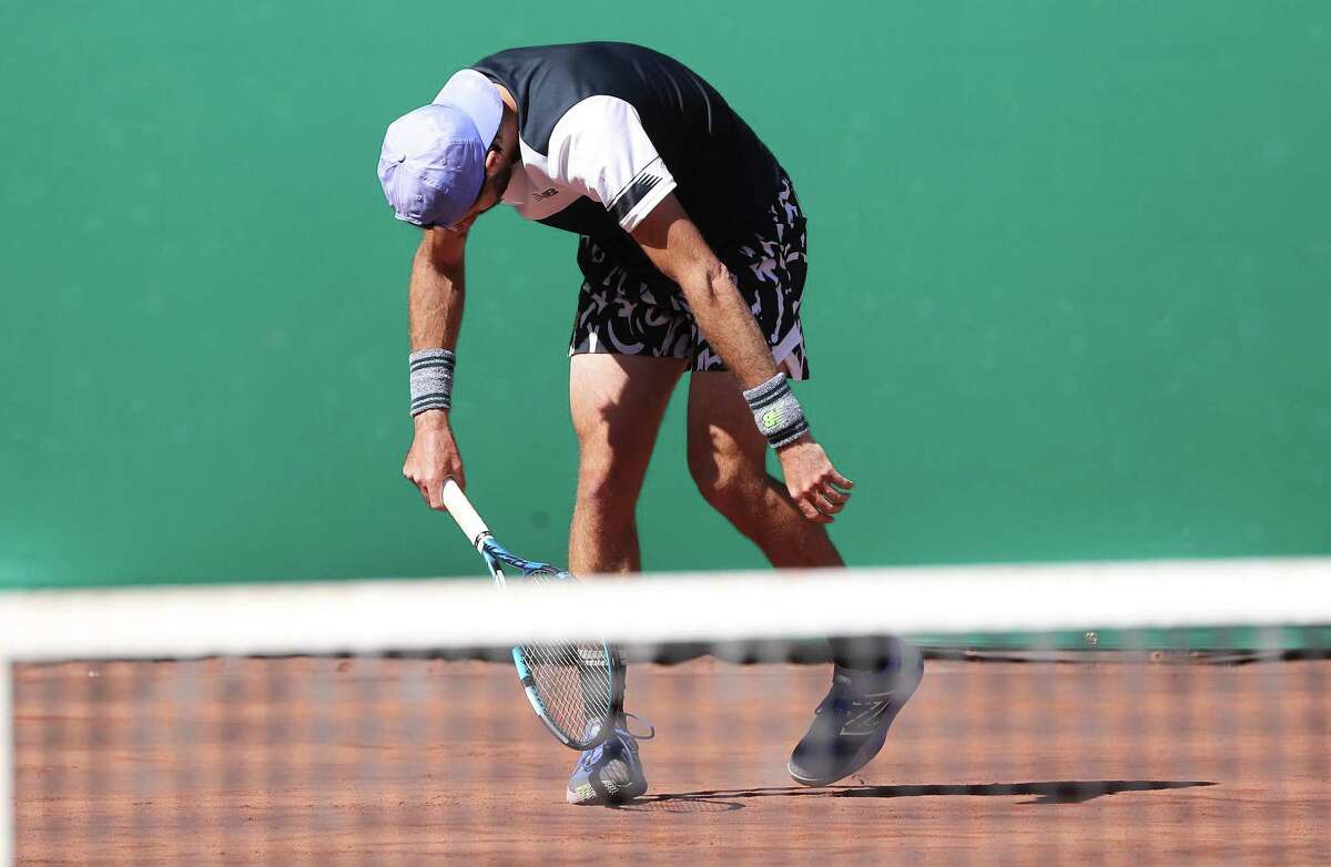 Jordan Thompson, AUS, reacts to an out-of-bounds call during the second round against Christian Garin, CHI, of the Fayez Sarofim & Co. U.S. Men’s Clay Court Championship at River Oaks Country Club in Houston on Thursday, April 7, 2022.