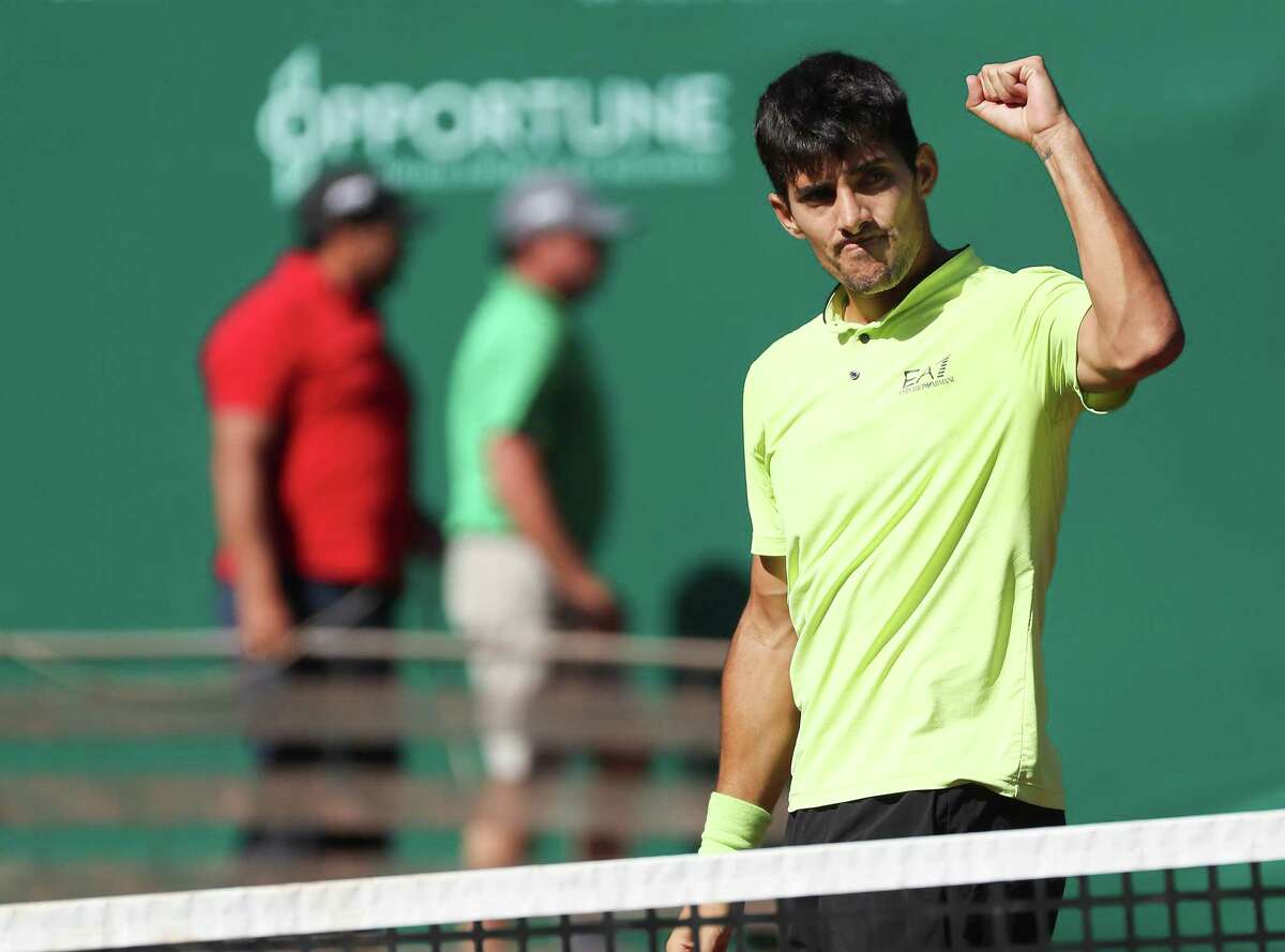 Christian Garin, CHI, reacts to winning the match against Jordan Thompson, AUS, during the second round of the Fayez Sarofim & Co. U.S. Men’s Clay Court Championship at River Oaks Country Club in Houston on Thursday, April 7, 2022.